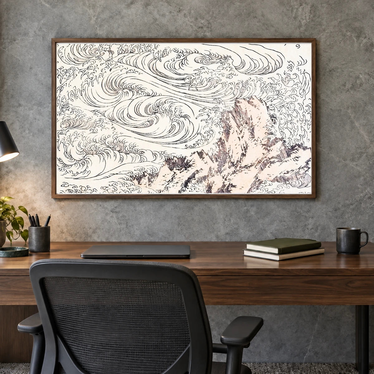 Hokusai’s Whirlpool At Awa (1817) Vintage Japanese Woodcut Print — Japanese Ukiyo-e shown in a styled interior