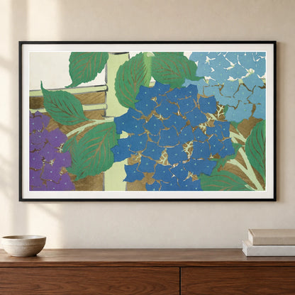 Hydrangea From Momoyogusa–flowers Of A Hundred Generations (ca. 1909–1910) By Kamisaka Sekka — Japanese Ukiyo-e shown in a styled interior