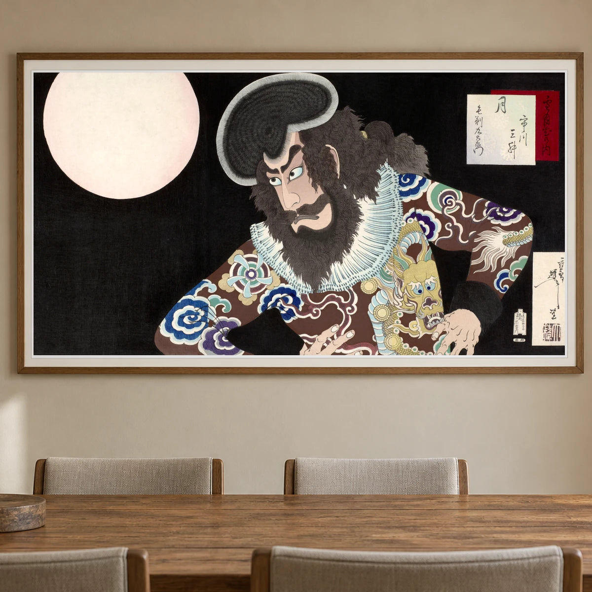 Ichikawa Danjuro Ix Als Kezori Kuemon (1890) By Tsukioka Yoshitoshi — Japanese Ukiyo-e shown in a styled interior