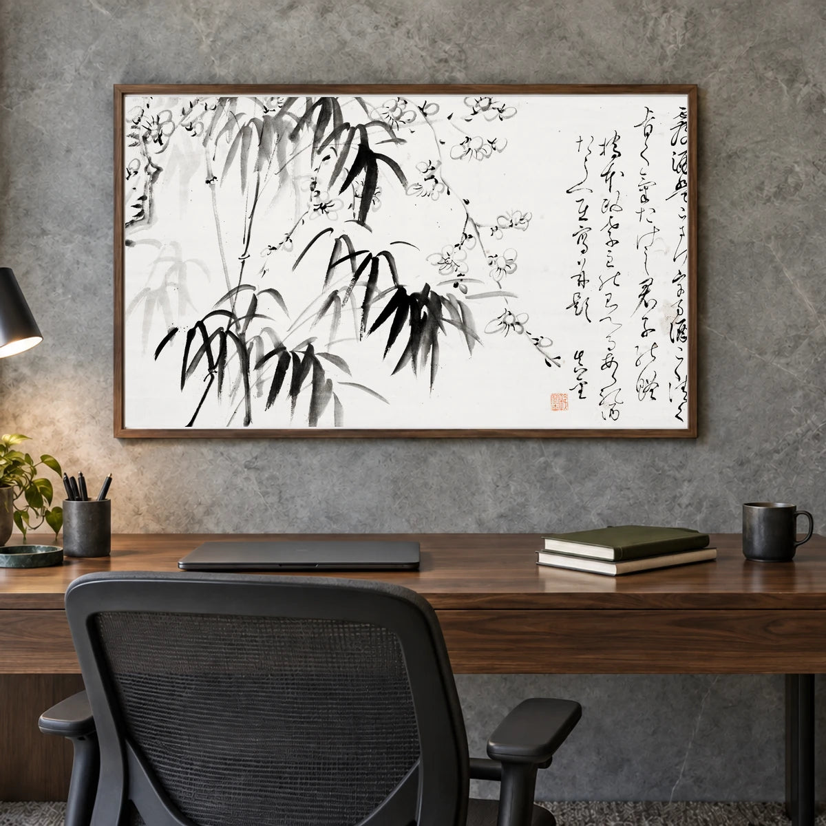 Japanese Bamboo And Plum Blossom (1817 1863) Vintage Ink On Paper By Fujimoto Tesseki — Japanese Ukiyo-e shown in a styled interior