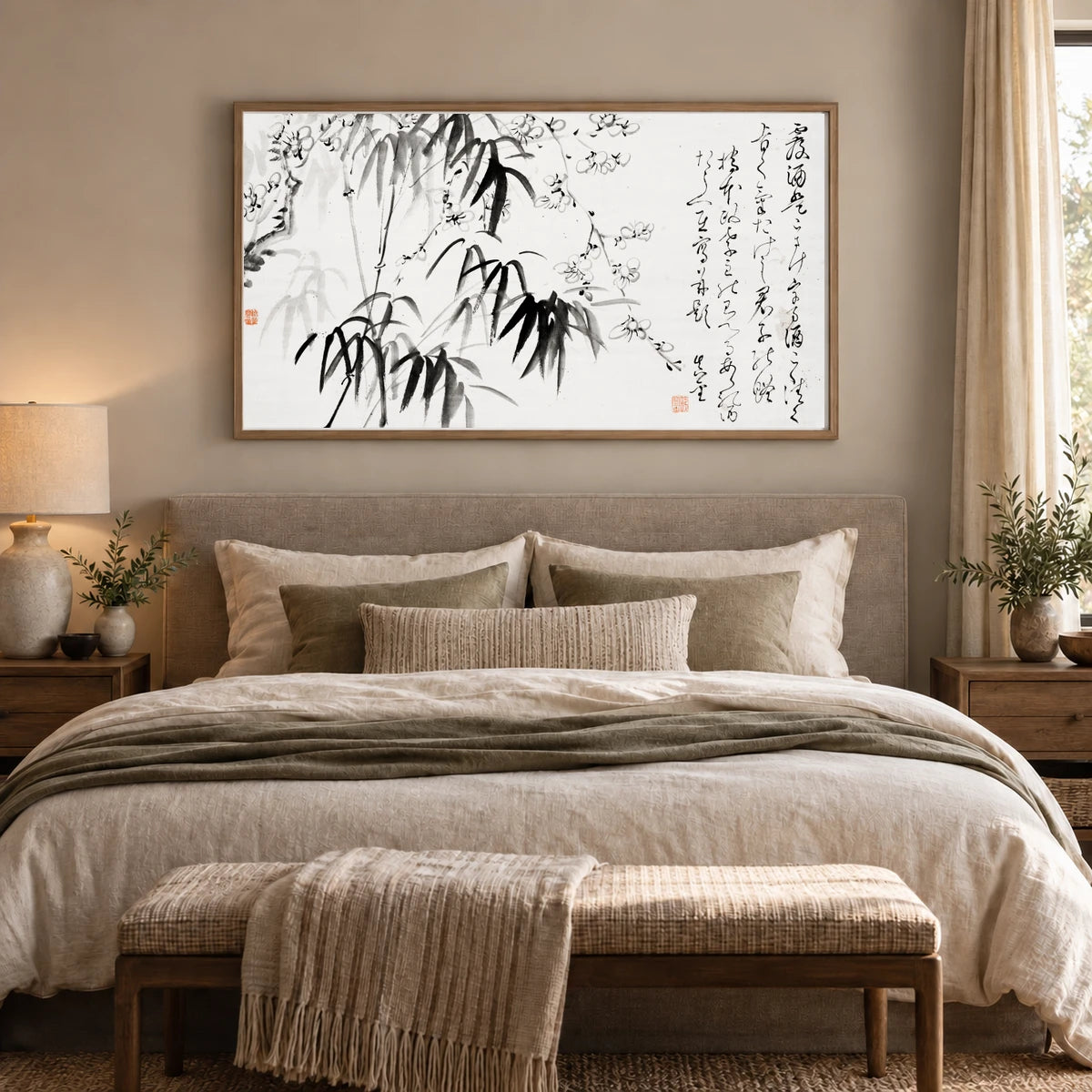 Japanese Bamboo And Plum Blossom (1817 1863) Vintage Ink On Paper By Fujimoto Tesseki — Japanese Ukiyo-e shown in a styled interior