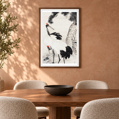 Japanese Cranes And A Pine Tree (1733 1795) Vintage Ink On Silk By Maruyama Ōkyo — Japanese Ukiyo-e shown in a styled interior