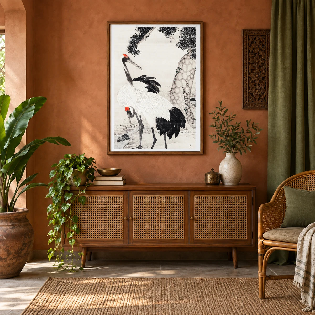 Japanese Cranes And A Pine Tree (1733 1795) Vintage Ink On Silk By Maruyama Ōkyo — Japanese Ukiyo-e shown in a styled interior
