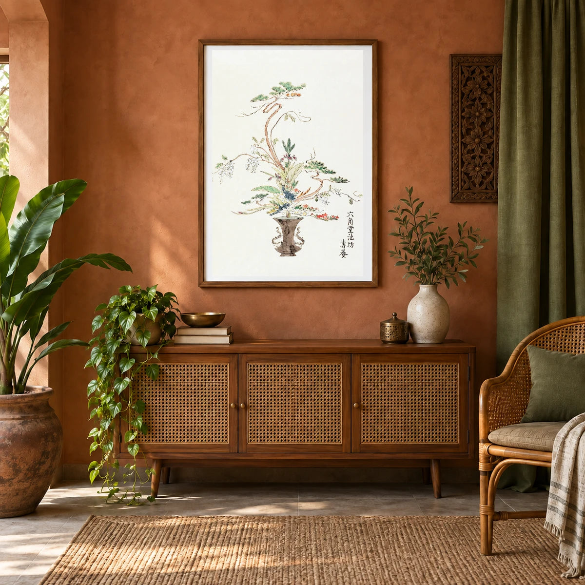 Japanese Flower Arrangement (19th Century) Vintage Japanese Woodblock Print — Japanese Ukiyo-e shown in a styled interior