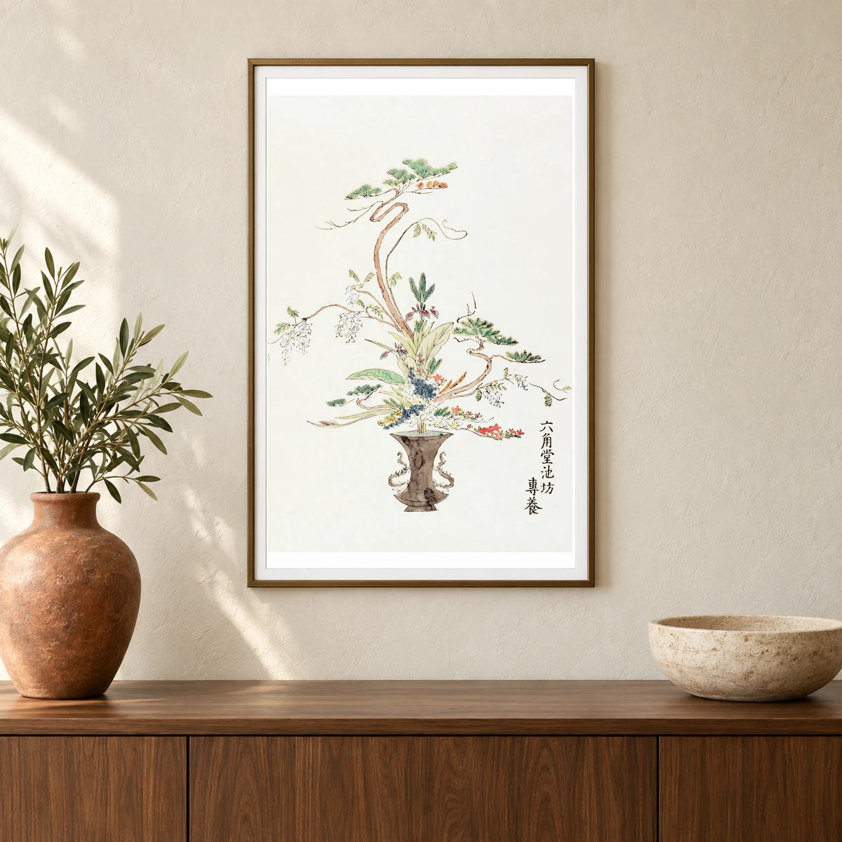 Japanese Flower Arrangement (19th Century) Vintage Japanese Woodblock Print — Japanese Ukiyo-e shown in a styled interior