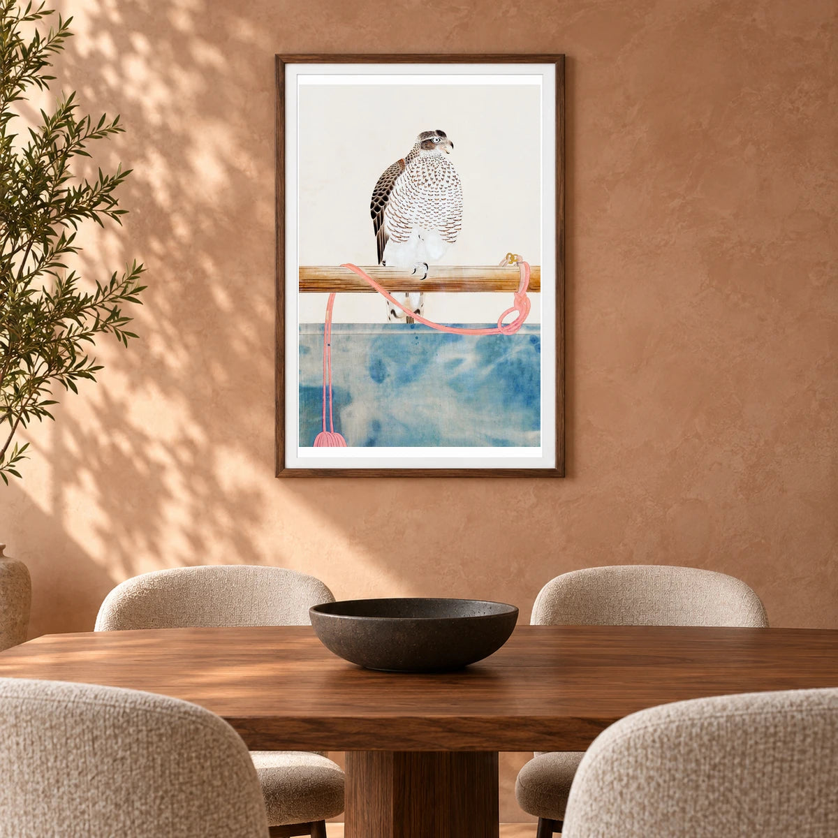 Japanese Hawk (19th Century) Vintage Woodblock Print By Tosa Mitsuoki — Japanese Ukiyo-e shown in a styled interior
