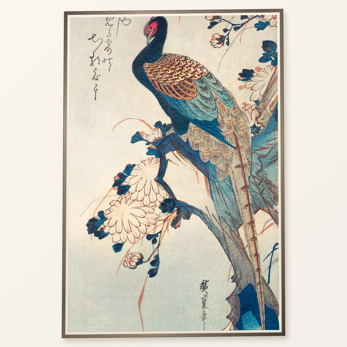 Japanese Pheasant And Chrysanthemums (1835) Vintage Woodblock Print By Utagawa Hiroshige — Japanese Ukiyo-e japanese ukiyo-e print by SaamCrafts