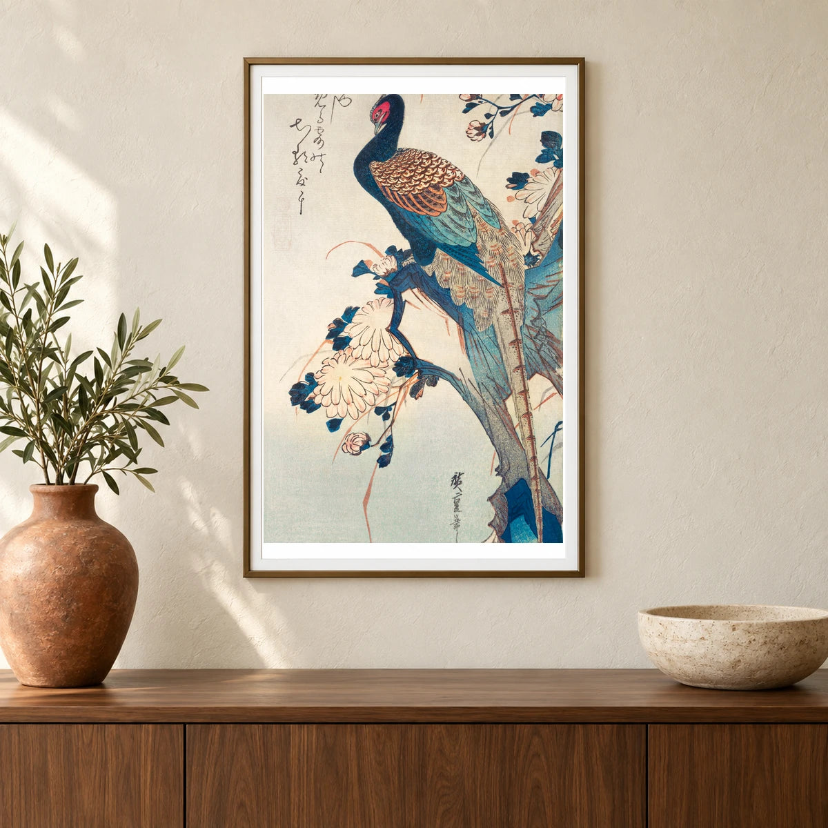 Japanese Pheasant And Chrysanthemums (1835) Vintage Woodblock Print By Utagawa Hiroshige — Japanese Ukiyo-e shown in a styled interior