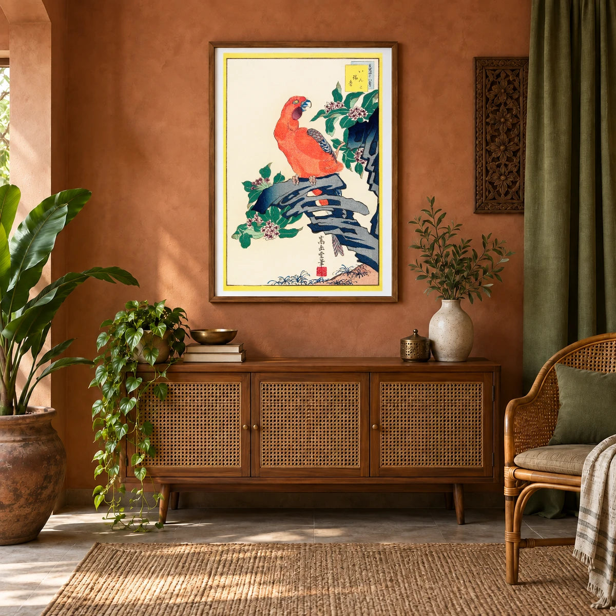 Japanese Pink Parrot (1859) Vintage Woodblock Print By Nakayama Sūgakudō — Japanese Ukiyo-e shown in a styled interior