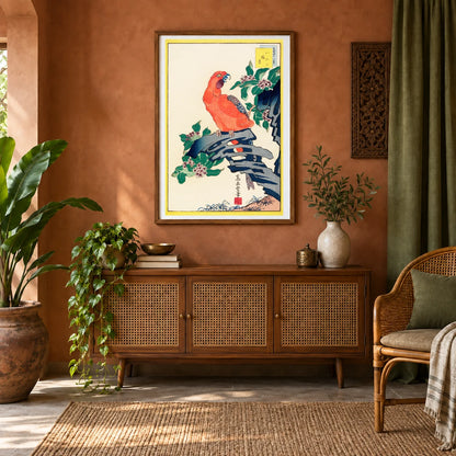 Japanese Pink Parrot (1859) Vintage Woodblock Print By Nakayama Sūgakudō — Japanese Ukiyo-e shown in a styled interior