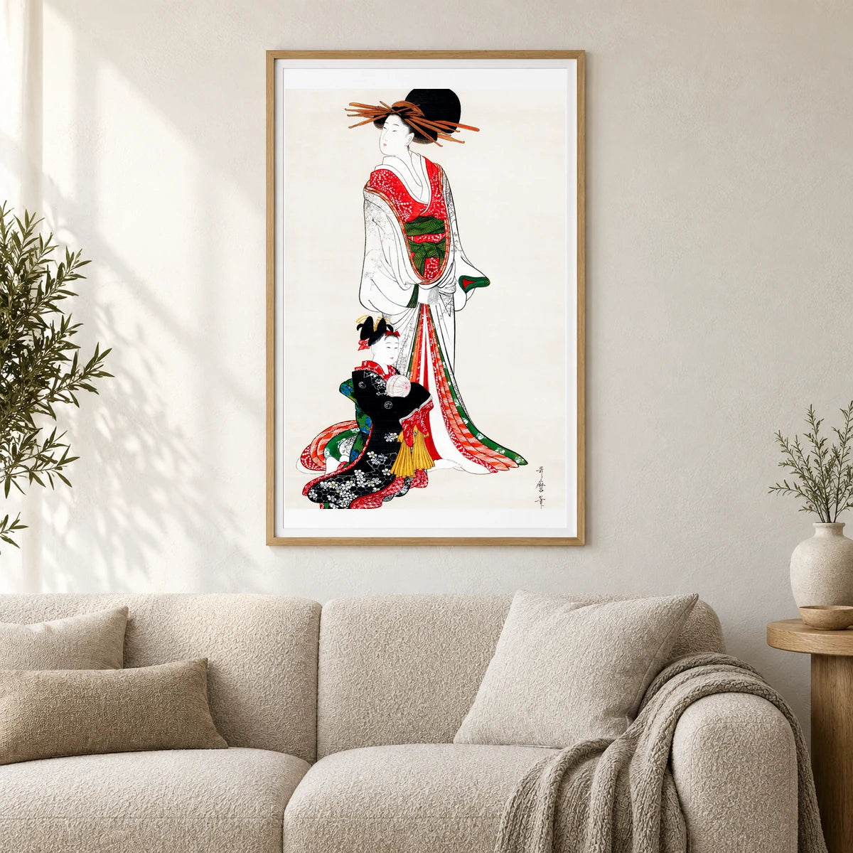 Japanese Woman (1805) Vintage Painting By Kitagawa Utamaro — Japanese Ukiyo-e shown in a styled interior