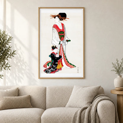 Japanese Woman (1805) Vintage Painting By Kitagawa Utamaro — Japanese Ukiyo-e shown in a styled interior