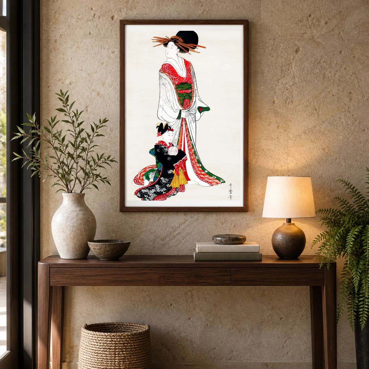 Japanese Woman (1805) Vintage Painting By Kitagawa Utamaro — Japanese Ukiyo-e shown in a styled interior