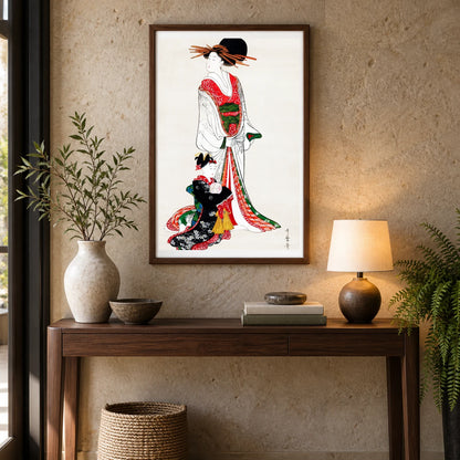 Japanese Woman (1805) Vintage Painting By Kitagawa Utamaro — Japanese Ukiyo-e shown in a styled interior