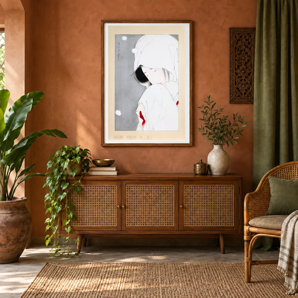 Japanese Woman (1925–1940) Vintage Painting By Kitano Tsunetomi — Japanese Ukiyo-e shown in a styled interior