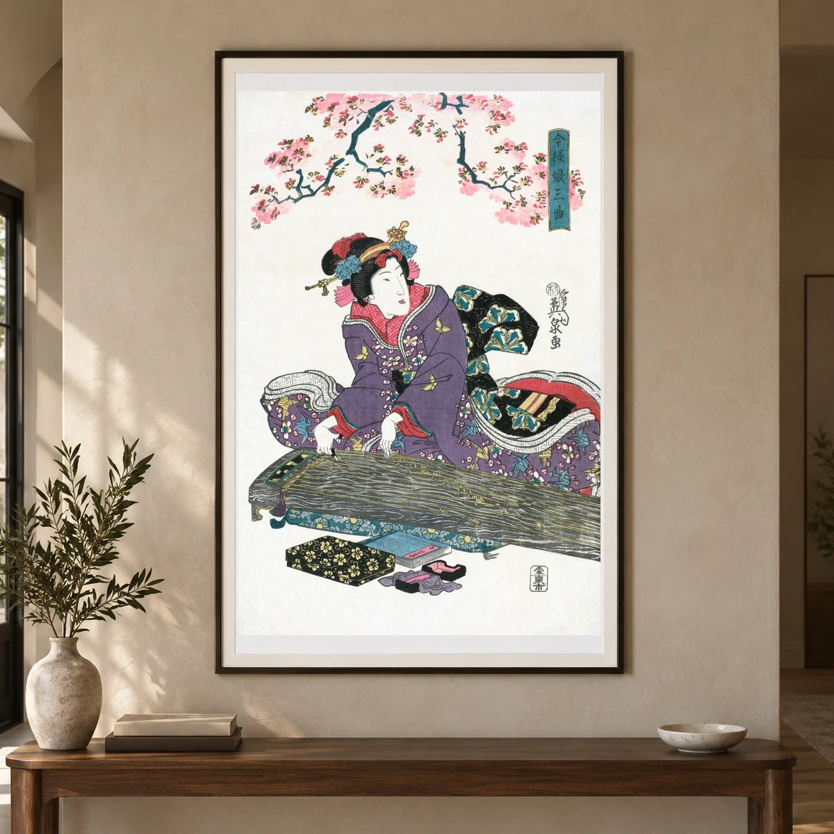 Japanese Woman And Cherry Blossom (1828) Vintage Woodblock Prints By Keisai Eisen — Japanese Ukiyo-e shown in a styled interior
