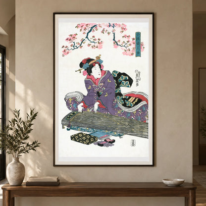 Japanese Woman And Cherry Blossom (1828) Vintage Woodblock Prints By Keisai Eisen — Japanese Ukiyo-e shown in a styled interior