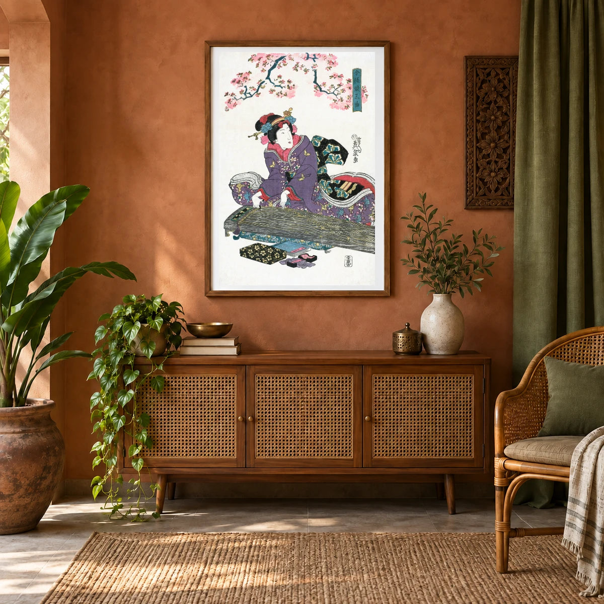 Japanese Woman And Cherry Blossom (1828) Vintage Woodblock Prints By Keisai Eisen — Japanese Ukiyo-e shown in a styled interior