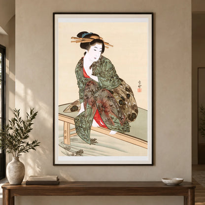 Japanese Woman By A Stream (1830s) Vintage Painting By Mihata Jōryū — Japanese Ukiyo-e shown in a styled interior
