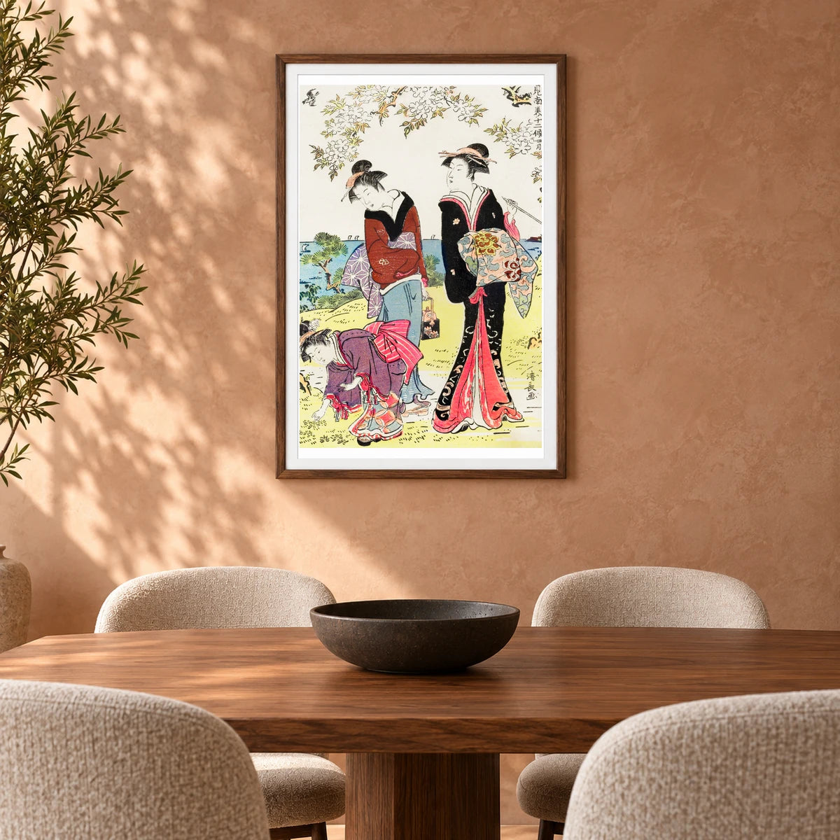 Japanese Women (1783) Vintage Woodblock Print By Torii Kiyonaga — Japanese Ukiyo-e shown in a styled interior
