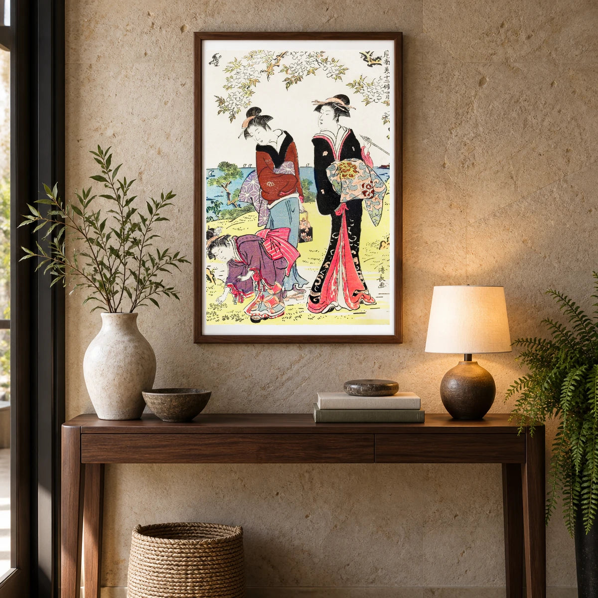 Japanese Women (1783) Vintage Woodblock Print By Torii Kiyonaga — Japanese Ukiyo-e shown in a styled interior