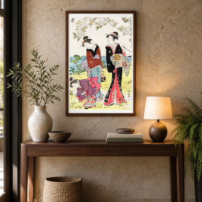 Japanese Women (1783) Vintage Woodblock Print By Torii Kiyonaga — Japanese Ukiyo-e shown in a styled interior