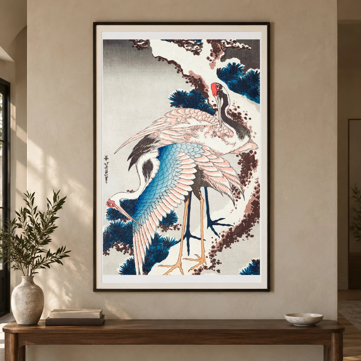 Katsushika Hokusai S Cranes On A Snowy Tree (1834) Vintage Woodblock Print — Japanese Ukiyo-e shown in a styled interior