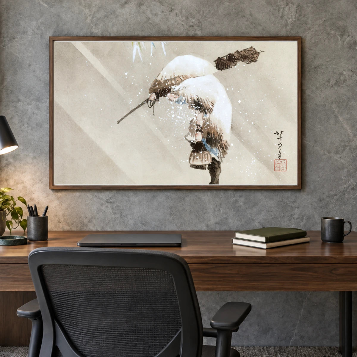 Katsushika Hokusai S Fisherman In A Snow (1821) Vintage Woodblock Print — Japanese Ukiyo-e shown in a styled interior