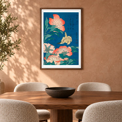 Katsushika Hokusai S Peonies And Canary (1834) Vintage Woodblock Print — Japanese Ukiyo-e shown in a styled interior