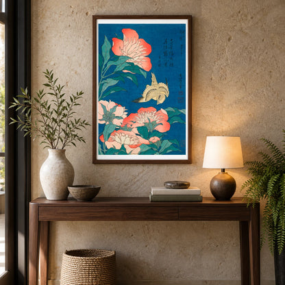 Katsushika Hokusai S Peonies And Canary (1834) Vintage Woodblock Print — Japanese Ukiyo-e shown in a styled interior