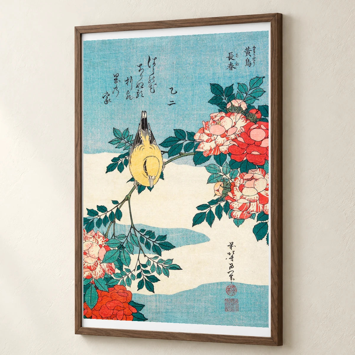 Katsushika Hokusai’s Warbler And Roses (1834) Vintage Japanese Woodblock Print By Shibata Zeshin — Japanese Ukiyo-e japanese ukiyo-e print by SaamCrafts