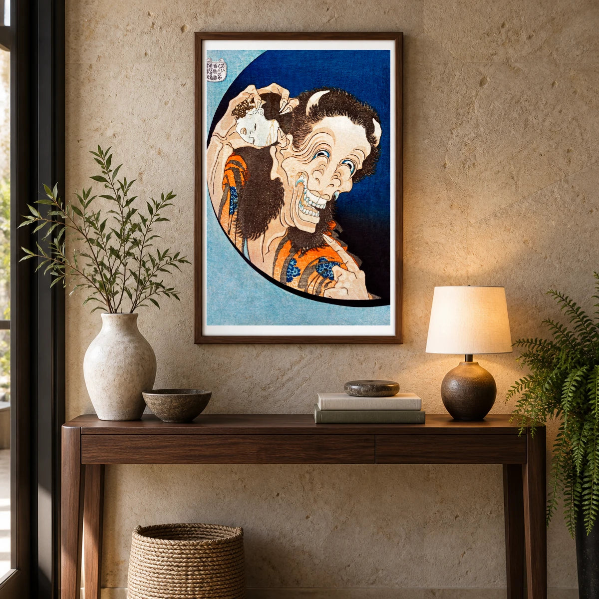 Laughing Demoness (1831 1832) By Katsushika Hokusai — Japanese Ukiyo-e shown in a styled interior