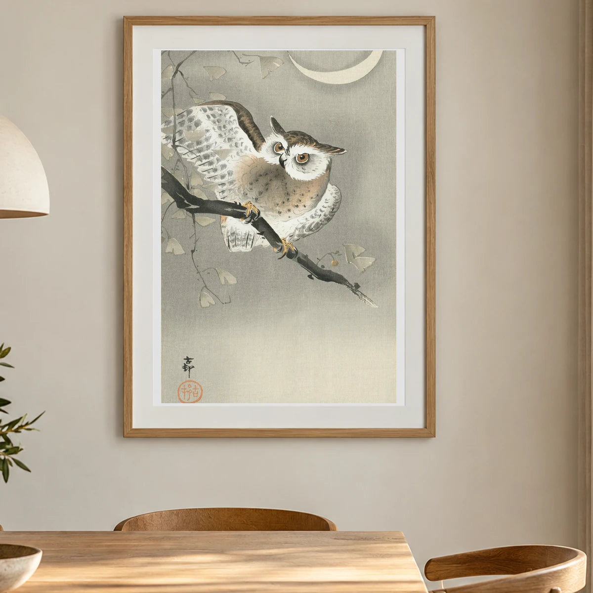 Long Eared Owl In Ginkgo (1900 1930) By Ohara Koson — Japanese Ukiyo-e shown in a styled interior