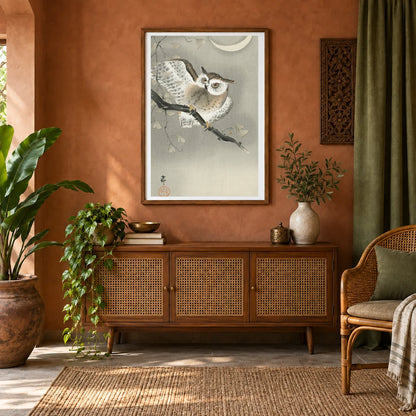 Long Eared Owl In Ginkgo (1900 1930) By Ohara Koson — Japanese Ukiyo-e shown in a styled interior