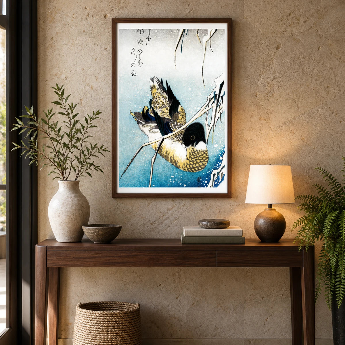 Mallard Duck (1843) Vintage Japanese Woodblock Print By Utagawa Hiroshige — Japanese Ukiyo-e shown in a styled interior