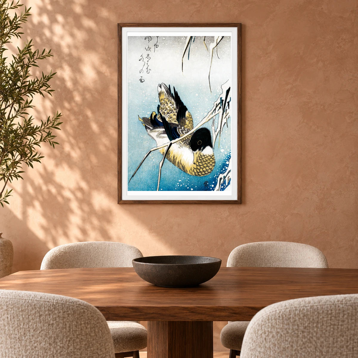 Mallard Duck (1843) Vintage Japanese Woodblock Print By Utagawa Hiroshige — Japanese Ukiyo-e shown in a styled interior