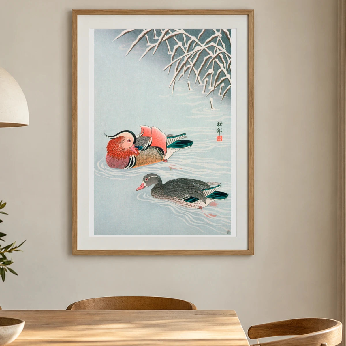 Mandarin Ducks And Snow By Ohara Shoson — Japanese Ukiyo-e shown in a styled interior