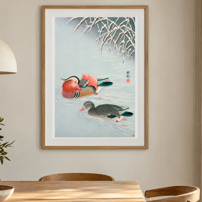 Mandarin Ducks And Snow By Ohara Shoson — Japanese Ukiyo-e shown in a styled interior