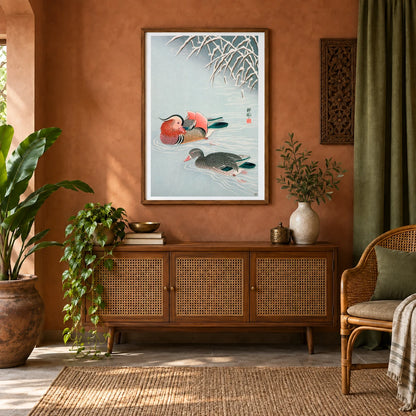 Mandarin Ducks And Snow By Ohara Shoson — Japanese Ukiyo-e shown in a styled interior