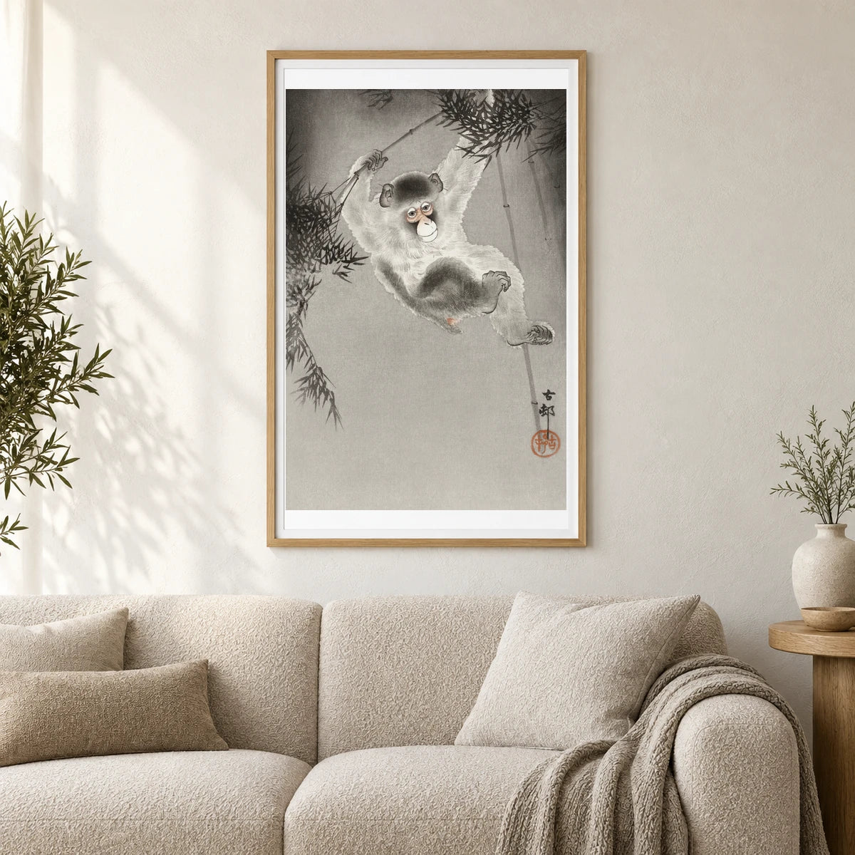 Monkey, Hanging From Bamboo Branch (1900 1930) By Ohara Koson — Japanese Ukiyo-e shown in a styled interior