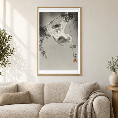 Monkey, Hanging From Bamboo Branch (1900 1930) By Ohara Koson — Japanese Ukiyo-e shown in a styled interior