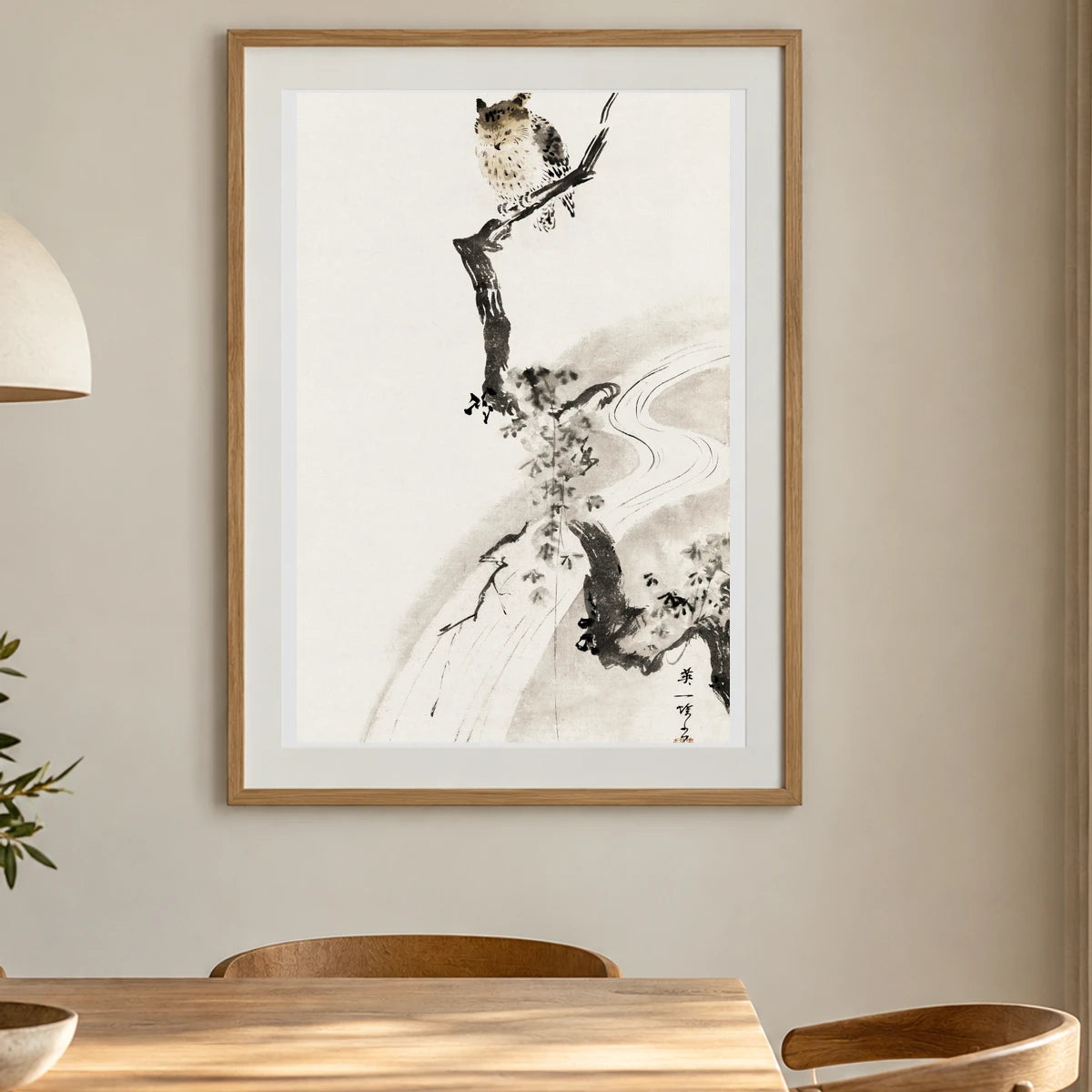 Owl Perched On A Tree (1710) Vintage Japanese Painting By Hanabusa Itcho — Japanese Ukiyo-e shown in a styled interior