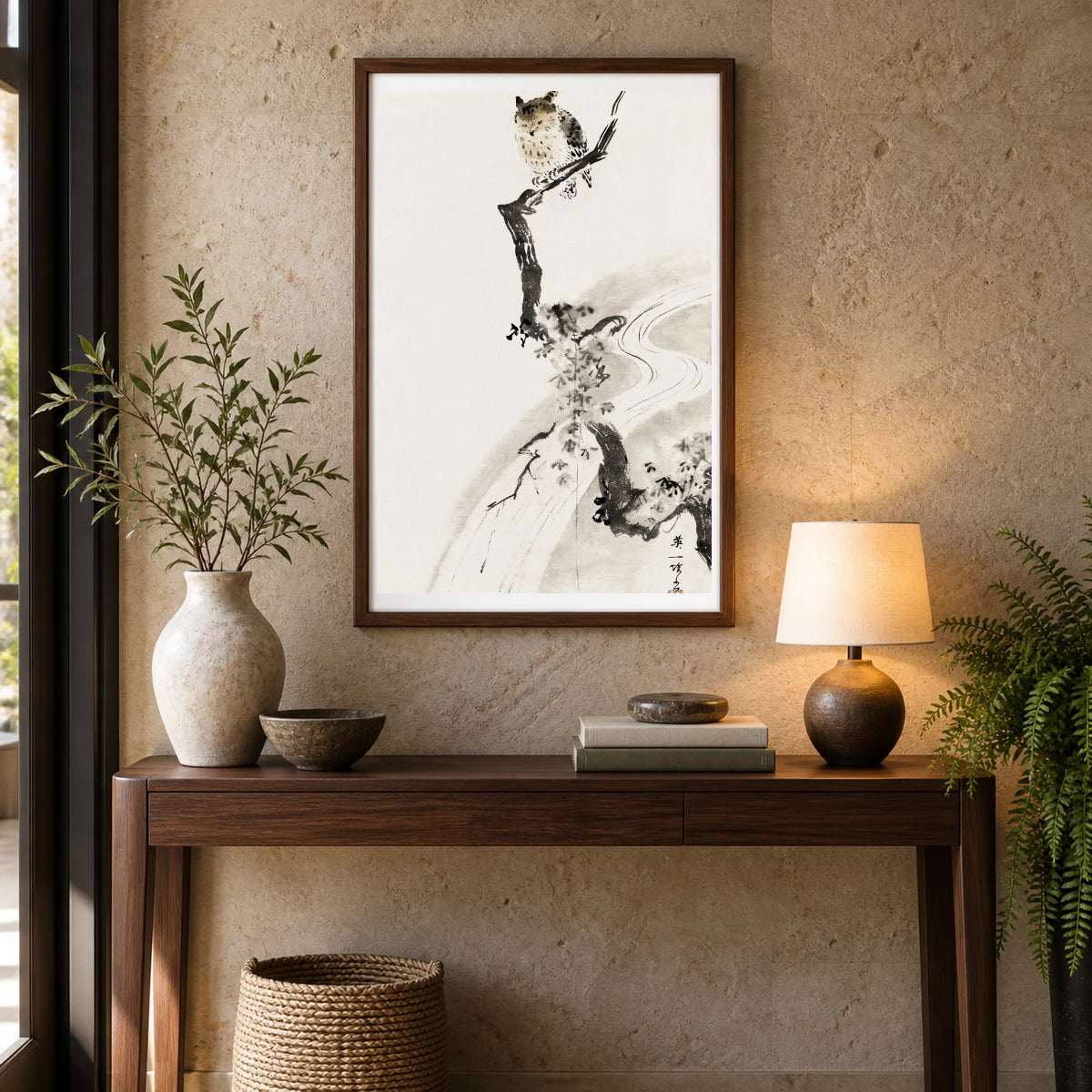 Owl Perched On A Tree (1710) Vintage Japanese Painting By Hanabusa Itcho — Japanese Ukiyo-e shown in a styled interior