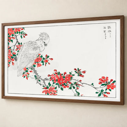 Parrot And Pyrus Spectabilis Illustration. By Numata Kashu — Japanese Ukiyo-e japanese ukiyo-e print by SaamCrafts