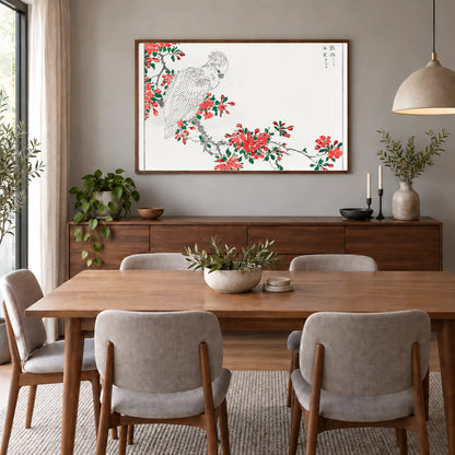 Parrot And Pyrus Spectabilis Illustration. By Numata Kashu — Japanese Ukiyo-e shown in a styled interior