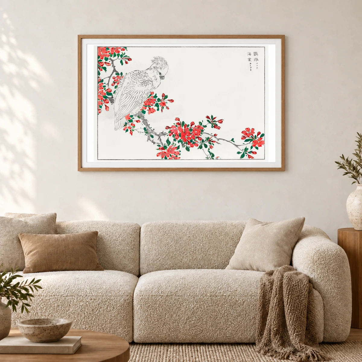 Parrot And Pyrus Spectabilis Illustration. By Numata Kashu — Japanese Ukiyo-e shown in a styled interior