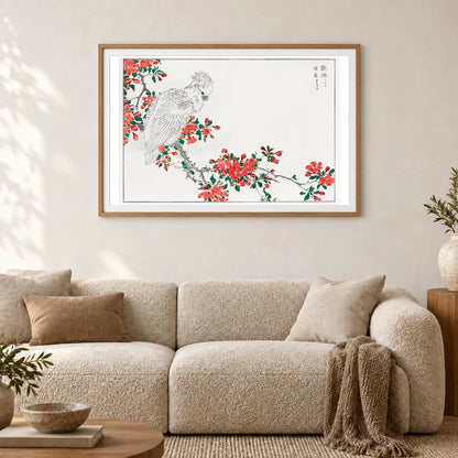 Parrot And Pyrus Spectabilis Illustration. By Numata Kashu — Japanese Ukiyo-e shown in a styled interior