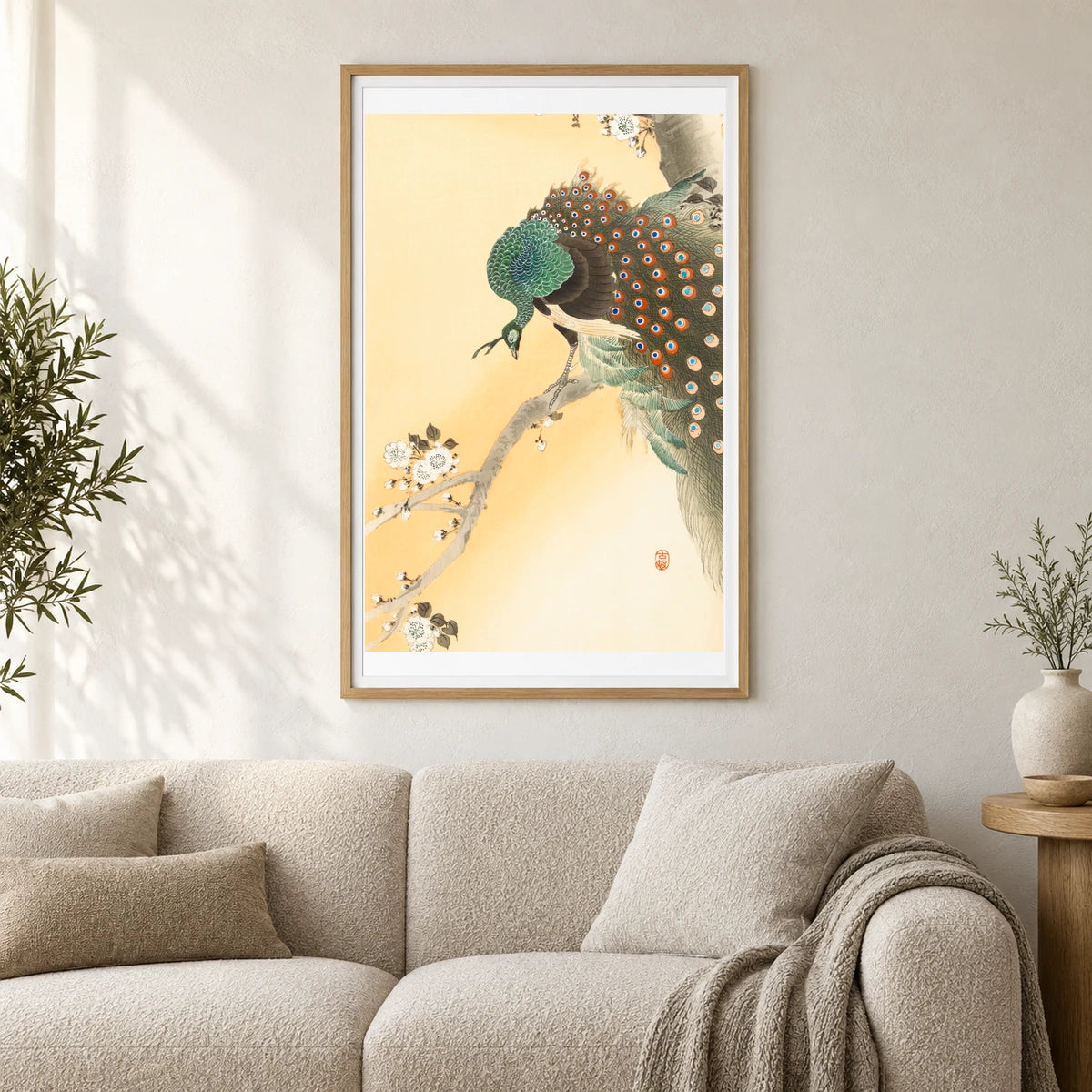 Peacock On A Cherry Blossom Tree (1900 1930) By Ohara Koson — Japanese Ukiyo-e shown in a styled interior