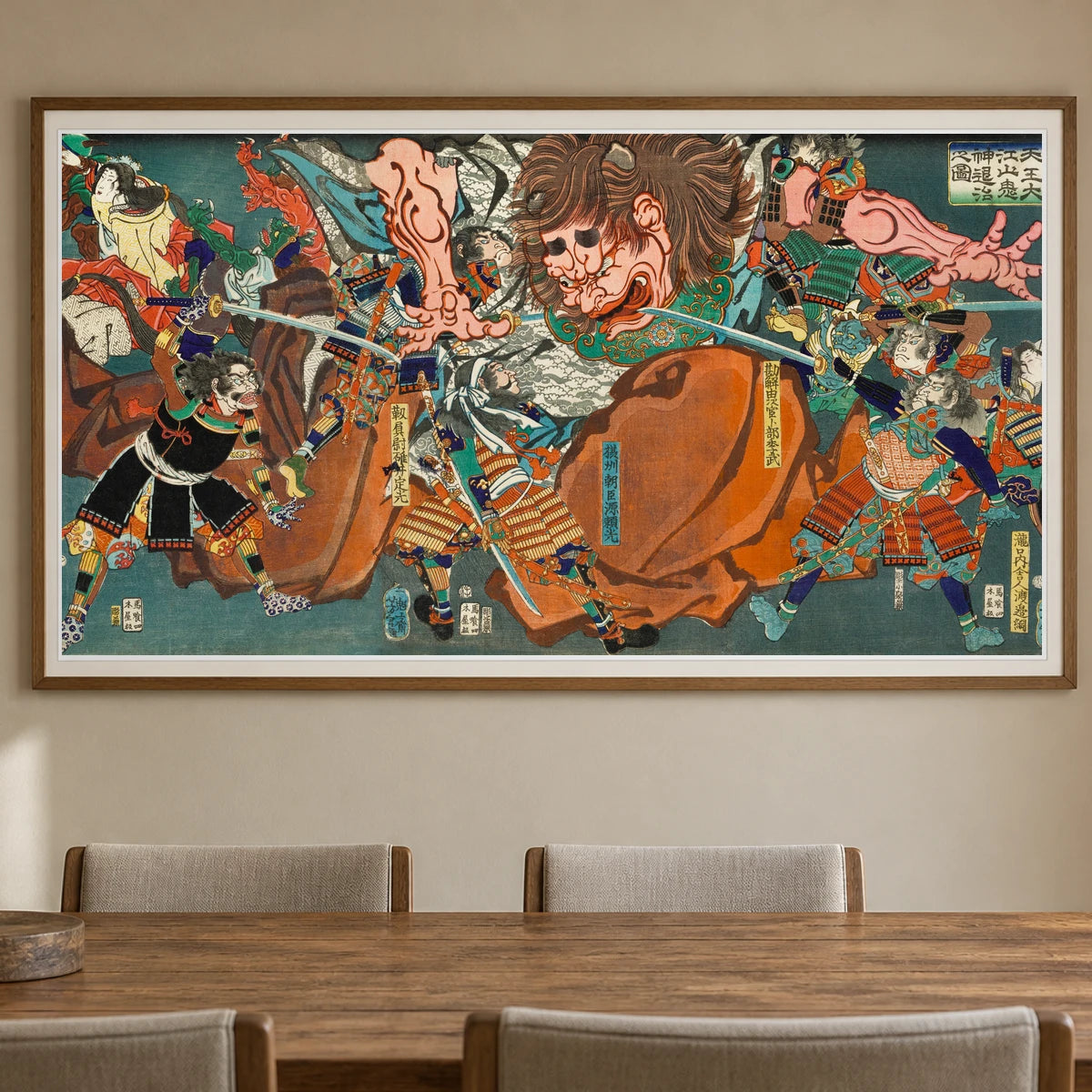 Picture Of Raikō And His Four Companions Conquering The Demon Of Mount Ōe (1864) By Tsukioka Yoshitoshi — Japanese Ukiyo-e shown in a styled interior