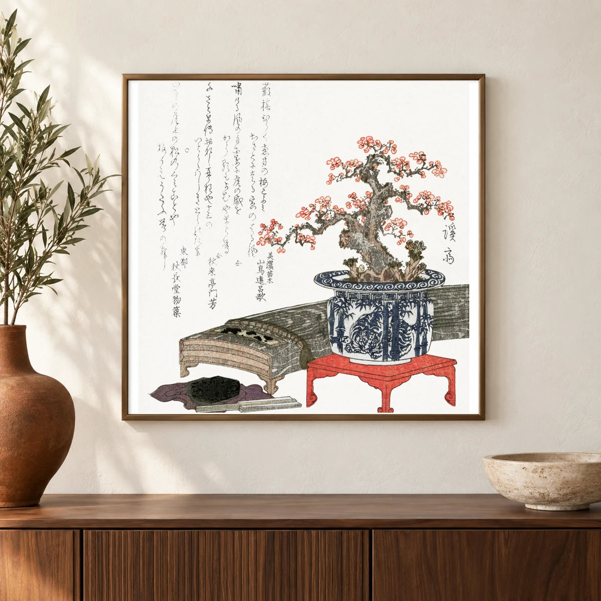 Plum Blossom In Pot (1830) Vintage Japanese Print By Keisai Eisen — Japanese Ukiyo-e shown in a styled interior